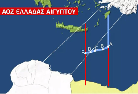 Map with the EEZ between Greece and Egypt until the 28th meridian