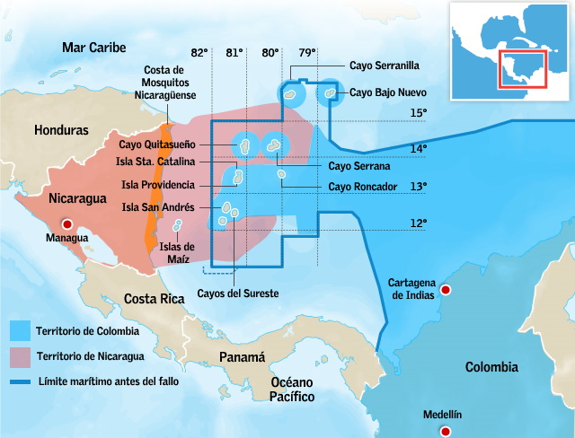 Map with the EEZ ruled by the International Court of Justice in Hague, Nicaragua's dispute with Colombia