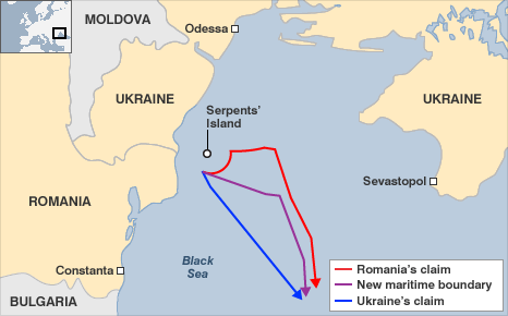 Map with the EEZ ruled by the International Court of Justice in Hague, in the dispute between Romania and Ukraine